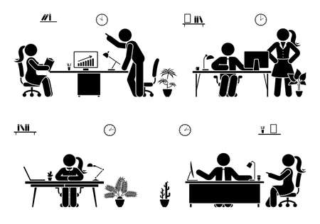 Office busy working stick figure people vector icon set. Teamwork, solution, communication, supervisor pictogramのイラスト素材