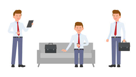Young, handsome, happy office manager in formal wear standing with tablet, briefcase, crossed hands, sitting on sofa. Cartoon character design of cute, friendly adult man working, waiting, corporate emotional concept - Vectorのイラスト素材