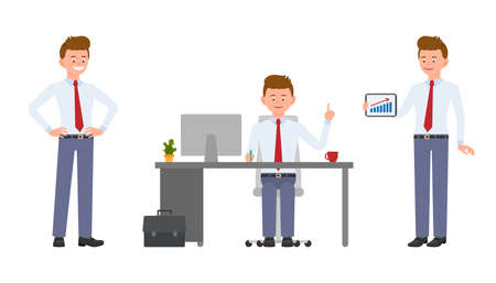 Young friendly office manager in formal wear sitting at the desk, pointing finger, showing infographics. Cartoon character design of handsome man smiling, reporting, standing confidently emotional concept - Vectorのイラスト素材