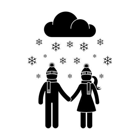 Stick figure winter snowing man and woman vector icon set. Young couple walking in cold weather pictogramのイラスト素材