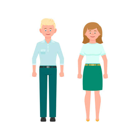 Young blonde hair man in mint pants and medium blonde hair woman in green skirt vector illustration. Front view standing boy and girl cartoon character set on white backgroundのイラスト素材