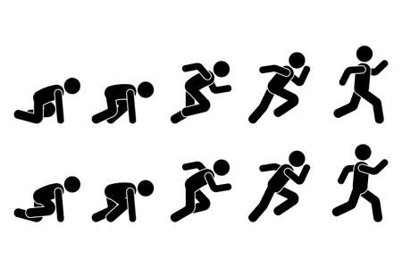Stick figure runner sprinter sequence icon vector pictogram. Low start speeding man sign symbol posture silhouette on white backgroundのイラスト素材