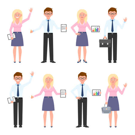 Happy, smiling, eyeglasses office worker man and blonde woman vector illustration. Front view standing, waving hello, writing notes boy and girl cartoon character set on whiteのイラスト素材