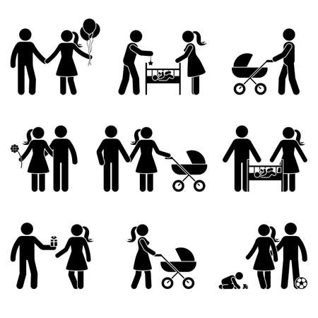 Young family dating, playing with baby, walking with stroller stick figure vector icon illustration. Father and mother spending time with child, kid silhouette pictogram posture on whiteのイラスト素材