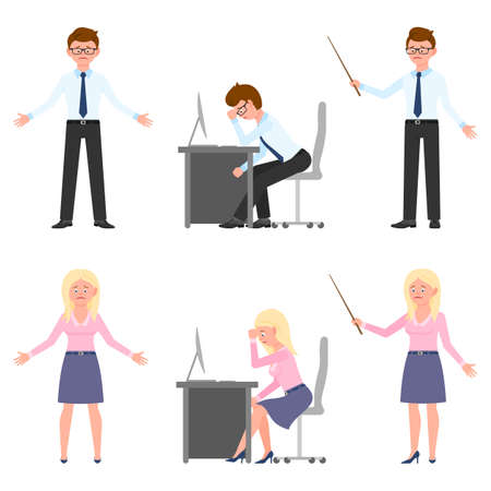 Sad, exhausted, miserable office boy and girl vector illustration. Standing with pointer unhappily, sitting depressed man and woman cartoon character set on whiteのイラスト素材