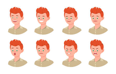 Emotional face cartoon character young office man 3/4 side view design vector illustration set. Happy, smiling, upset, surprised, sad, angry, shouting red hair person flat style conceptのイラスト素材