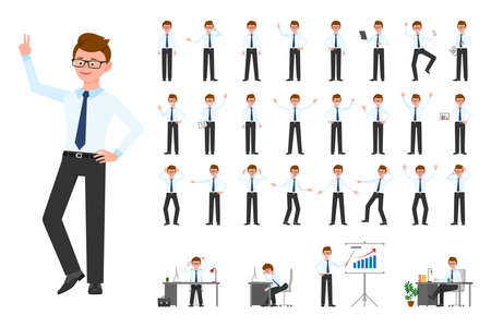 Cartoon character office business man vector illustration. Flat style design glasses human worker guy person poses set on white backgroundのイラスト素材
