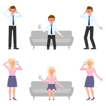 Sad, miserable, surprised, amazed, angry, shouting office man and woman vector illustration. Standing, talking on phone, sitting on sofa, screaming boy and girl cartoon character set on whiteのイラスト素材