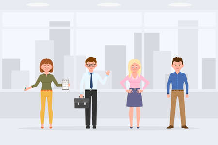 Cartoon character people standing front view in business office interior vector illustration. Men and women coworkers waving, writing notes, hands on hips, smiling on cityscape backgroundのイラスト素材