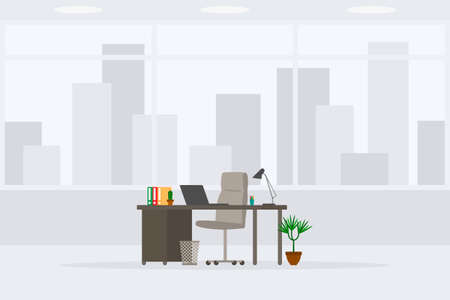 Design of modern empty office working place 3/4 side view vector illustration. Table, desk, chair, computer, laptop, stationery folder, plant, lamp, trash bin isolated on cityscape backgroundのイラスト素材