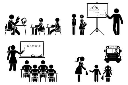 Stick figure teacher, school boy, girl, study, learning black silhouette vector icon pictogram. Lecturer at classroom teaching children primary, elementary preschool, education set on whiteのイラスト素材