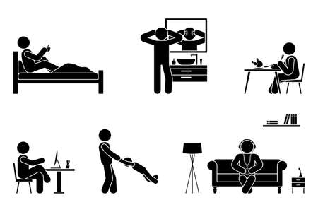 Stick figure man everyday life time activities vector icon set. Sleep, drink coffee, wash face, eat, sit at desk, work, study, play with child, listen to music on couch, use desktop pictogram on whiteのイラスト素材