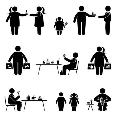 Stick figure eating sweets, fast food, fat meal, shopping, buying unhealthy products vector icon pictogram. Obese man and woman have lunch, dinner, snack silhouette set on whiteのイラスト素材