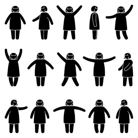 Fat stick figure woman standing front, side view in different poses vector icon illustration set. Obese female hands up, waving, pointing, showing silhouette pictogram on white