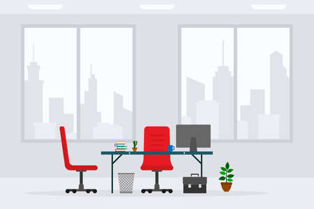 Design of modern empty business office working place front view vector illustration. Flat style table, desk, red chair, computer, desktop, briefcase, trash bin isolated on cityscape backgroundのイラスト素材