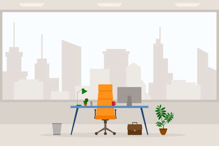 Design of modern empty office working place front view vector illustration. Flat style table, desk, orange chair, computer, desktop, lamp, trash bin isolated on cityscape backgroundのイラスト素材