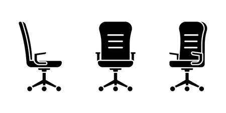 Isolated rolling office chair vector illustration icon pictogram set. Front, side view silhouette on whiteのイラスト素材