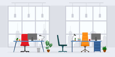 Design of modern empty office working place front view vector illustration. Flat style table, desk, chair, computer, desktop, plant, lamp isolated on skyscraper backgroundのイラスト素材