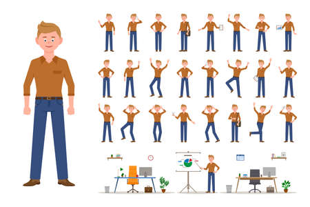 Adult office cartoon character man in jeans standing front view flat style design vector illustration set. Male person wearing jeans, body poses, face emotions, desk, chair office interior infographic kitのイラスト素材