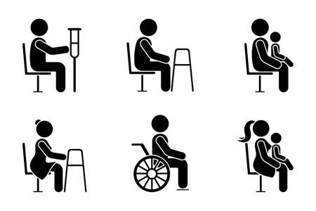 Stick figure bus sign man with crutches, people with walkers, parents with baby on knees vector icon illustration set. Give seat symbol good manners etiquette priority access silhouette pictogram on whiteのイラスト素材