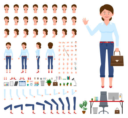 Young office cartoon character woman front, side, back view flat style design vector creation set. Female person wearing jeans, body parts, face emotions, haircut, gestures infographic illustration kitのイラスト素材
