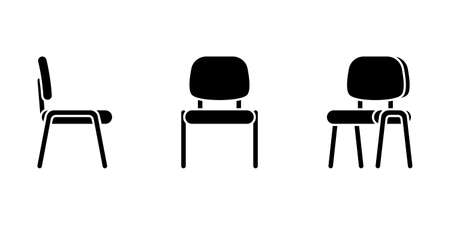 Isolated flat style office chair vector illustration icon pictogram set. Front, side view silhouette on whiteのイラスト素材