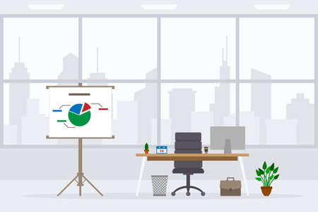 Design of modern empty office working place front view vector illustration. Flat style table, desk, graphite chair, computer, desktop, plant, flipchart isolated on cityscape backgroundのイラスト素材