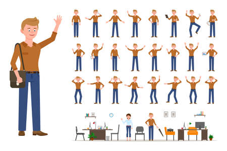Adult office cartoon character man in casual clothes waving hand up flat style design vector illustration set. Male person wearing jeans, body poses, face emotions, desk, chair office interior infographic kitのイラスト素材