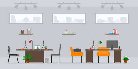 Design of modern empty office work place front view vector illustration. Cartoon table, desk, chair, computer, building, desktop, lamp, plant isolated on cityscape backgroundのイラスト素材