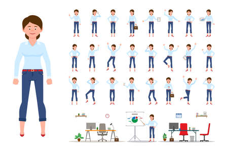 Adult office cartoon character woman in casual clothes standing front view flat style design vector illustration set. Female person wearing jeans, body poses, face emotions, desk, chair office interior infographic kitのイラスト素材