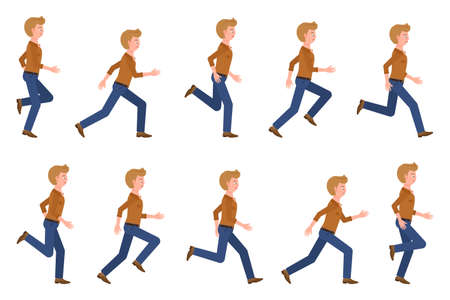 Young, adult man wearing jeans running sequence poses vector illustration. Fast moving forward, hurry, rush male person cartoon character set on whiteのイラスト素材