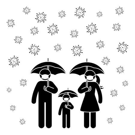 Coronavirus stick figure man, woman, children, kid icon sign symbol vector illustration pictogram. Stickman family wearing mask under umbrella to avoid virus infection silhouette set on whiteのイラスト素材