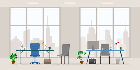 Design of modern empty office work place front view vector illustration. Cartoon table, desk, chair, computer, building, desktop, lamp, big window isolated on cityscape backgroundのイラスト素材
