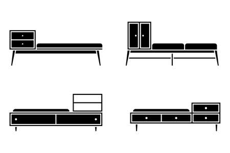 Apartment hallway cabinet, ambry, locker, cupboard, wardrobe, storage, shelf, bench vector illustration icon set. Foyer entrance seat, shoes place cut out flat style silhouette pictogram on whiteのイラスト素材