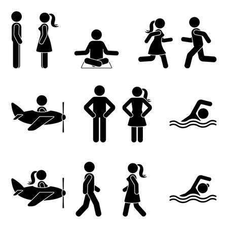 Young active stick figure man and woman couple flying, swimming, standing, walking, running, sitting, meditating vector illustration pictogram icon set on white backgroundのイラスト素材