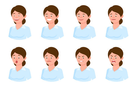 Emotional face cartoon character young office woman side view design vector illustration set. Happy, smiling, upset, surprised, sad, angry, shouting hair lady person flat style concept on whiteのイラスト素材