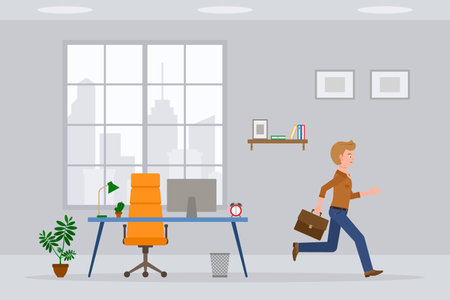 Young adult man in jeans pants running away from office at the end of working day vector illustration. Fast moving forward, going home cartoon character in workplace interior on cityscape backgroundのイラスト素材