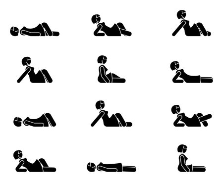 Stick figure woman lie down various positions vector illustration icon set. Female person sleeping, laying, sitting on floor, ground side view silhouette pictogram on whiteのイラスト素材