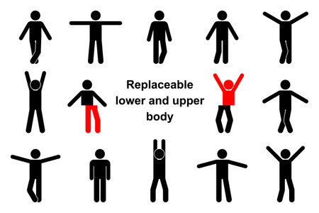 Standing front view stick figure man vector icon illustration set. Raised, wide open hands, crossed legs, replaceable lower and upper body parts creation constructor kitのイラスト素材