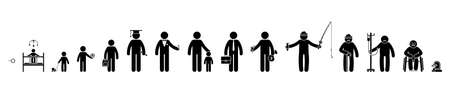Life cycle stick figure man, people, human sequence ageing process vector icon set. Growing up male, baby, kid, child, schoolboy, student, businessman, retired, old, sick, dead pictogram on whiteのイラスト素材