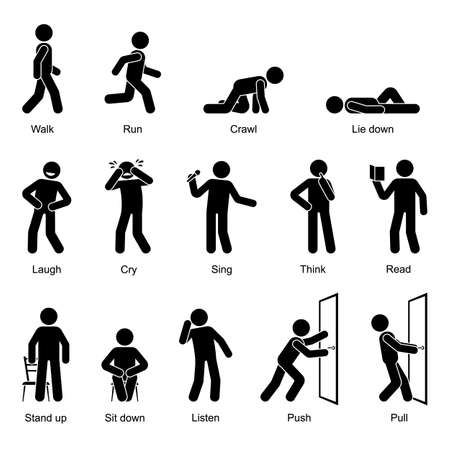 Action verbs stick figure man walking, running, crawling, lying down, laughing, crying, singing, thinking, reading, standing up, sitting down, listening, pushing, pulling vector icon set on whiteのイラスト素材