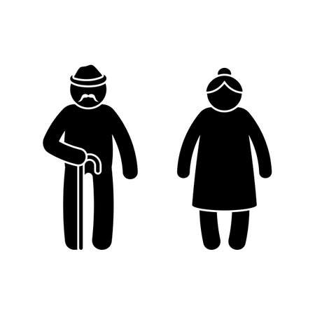 Grandparent stick figure old man and woman vector illustration set. Grandpa with walking stick and grandma couple icon silhouette pictogram on whiteのイラスト素材