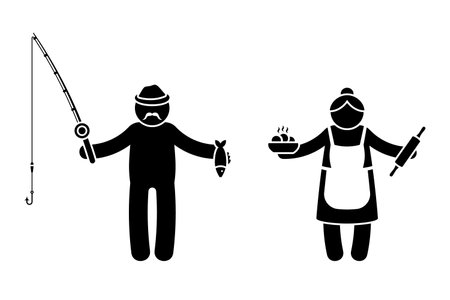Grandparent stick figure old man and woman vector illustration set. Grandpa with fishing rod and grandma with rolling pin and pie icon silhouette pictogram on whiteのイラスト素材