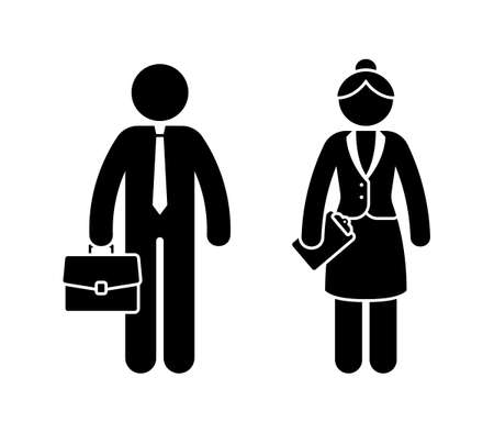 Business man and woman stick figures wearing tie and suit, standing front view vector icon set. Office workers male and female stickman silhouette pictogram on white backgroundのイラスト素材