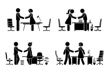 Stick figure business men and women negotiation vector icon set. Stickman office workers handshaking, meeting, talking pictogram on white backgroundのイラスト素材