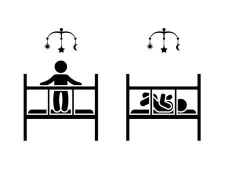 Stick figure newborn kid in baby bed, cot, crib, cradle vector icon illustration set. Stickman boy infant child standing, lying down, playing with hanging carousel toy silhouette pictogram on whiteのイラスト素材