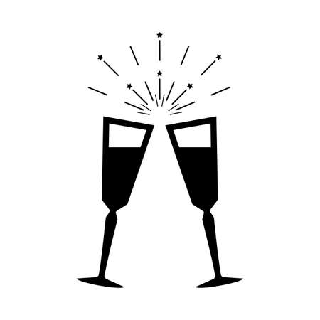 Two crystal champagne glasses toast cheers icon vector illustration set. Anniversary birthday Christmas Eve New Year happy event celebration silhouette pictogram on white backgroundのイラスト素材