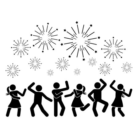 Happy stick figure man and woman dancing hands up night club fireworks vector illustration icon set. Stickman enjoying, jumping, having fun, party silhouette pictogram on white backgroundのイラスト素材