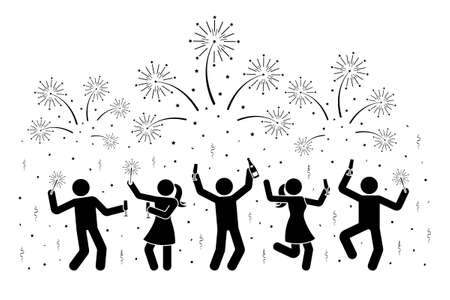 Happy stick figure man woman drinking champagne, celebrating New Year, dancing hands up, watching fireworks vector illustration icon set. People jumping, night party silhouette pictogram backgroundのイラスト素材