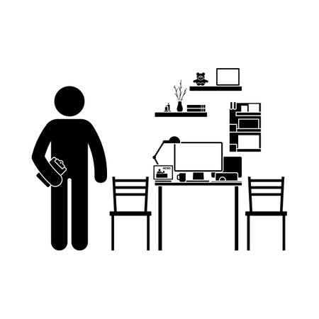 Stick figure man standing in modern home office working place vector illustration icon setのイラスト素材